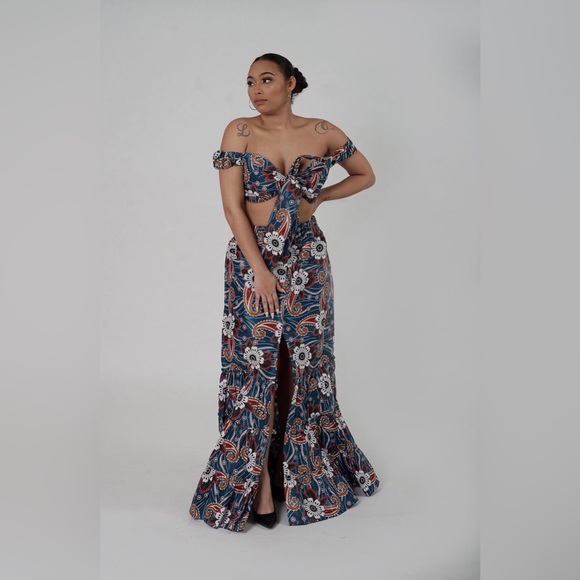 African Print Ankara Cotton Floral Print Tie Front Top and Maxi Skirt Set - Picture 3 of 13